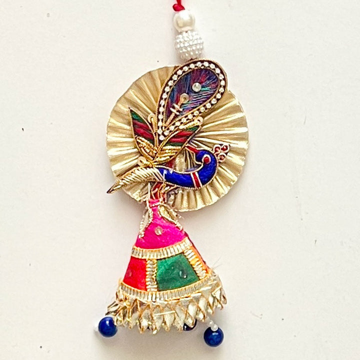 Handcrafted Gota Patti "Mayuri" Couple Rakhi & Lumba Set With Roli Chawal for Bhaiya Bhabhi