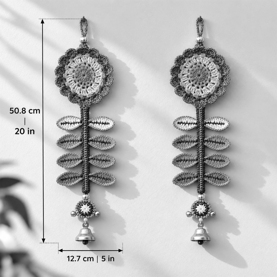 2 pc | Handmade Floral Motif Crochet Wall Hanging with Bells & Ghungroo