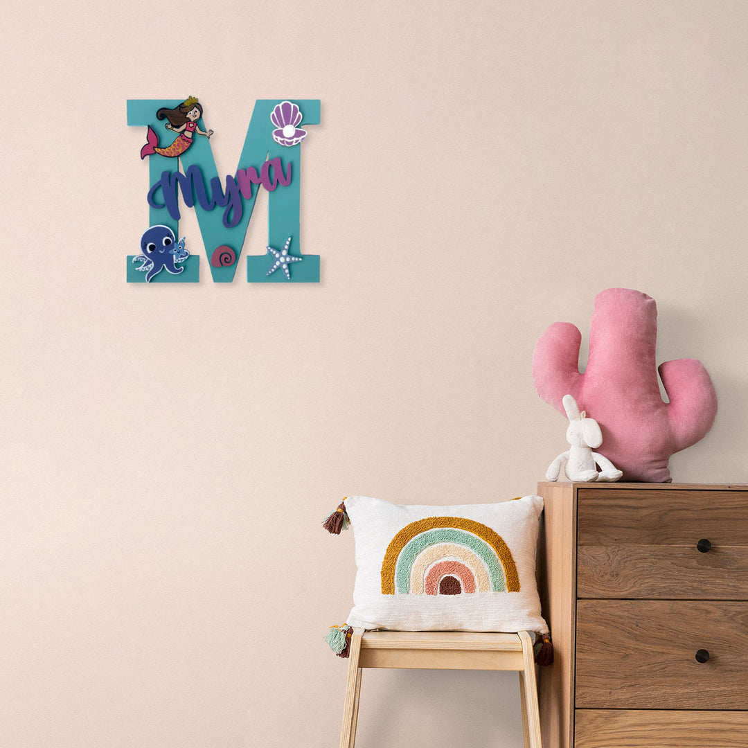 Handcrafted Personalized Kids Mermaid Themed Monogram MDF Nameplate