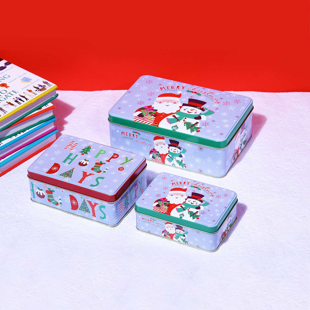 Handmade Merry Christmas Light Blue Santa Metal Container | Set Of 3