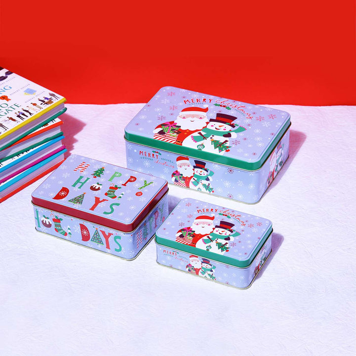 Handmade Merry Christmas Light Blue Santa Metal Container | Set Of 3