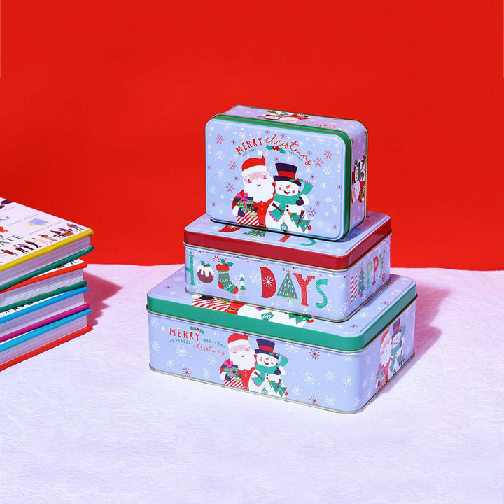 Handmade Merry Christmas Light Blue Santa Metal Container | Set Of 3