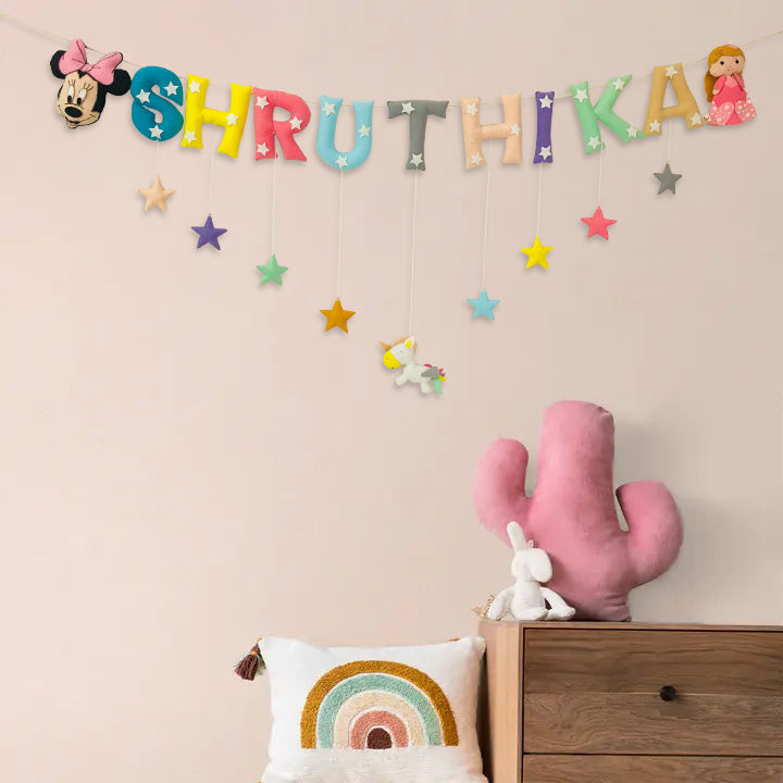Handcrafted Personalized Mickey & Doll Themed Bunting For Kids