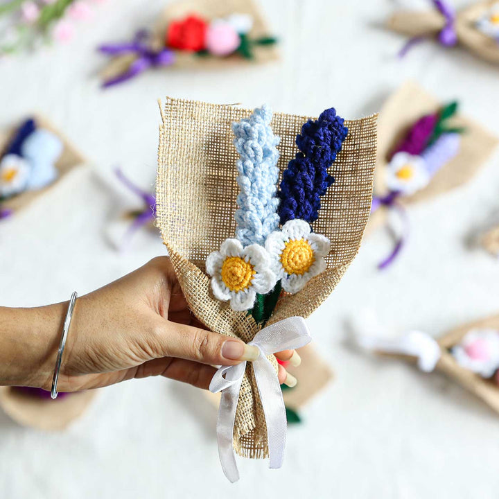 Handmade Crochet Mini White & Blue Flower Bouquet