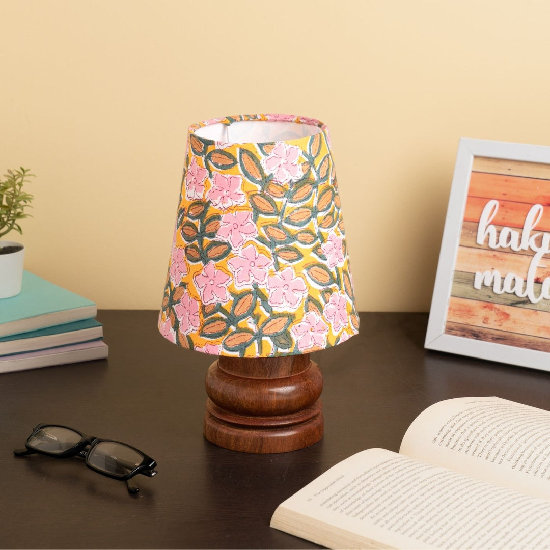 Wooden Mini Table Lamp With Printed Fabric Shade