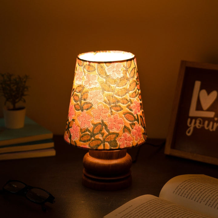 Wooden Mini Table Lamp With Printed Fabric Shade