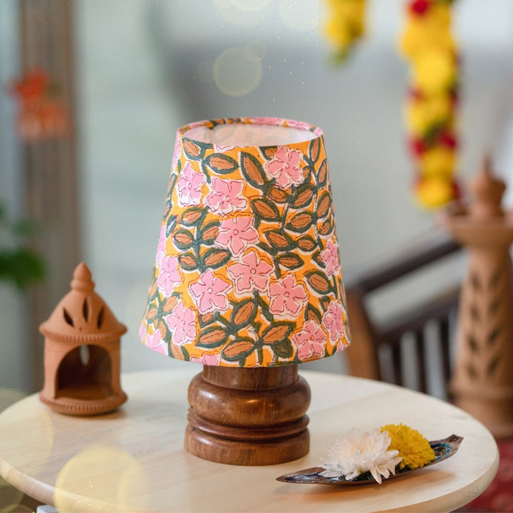 Wooden Mini Table Lamp With Printed Fabric Shade