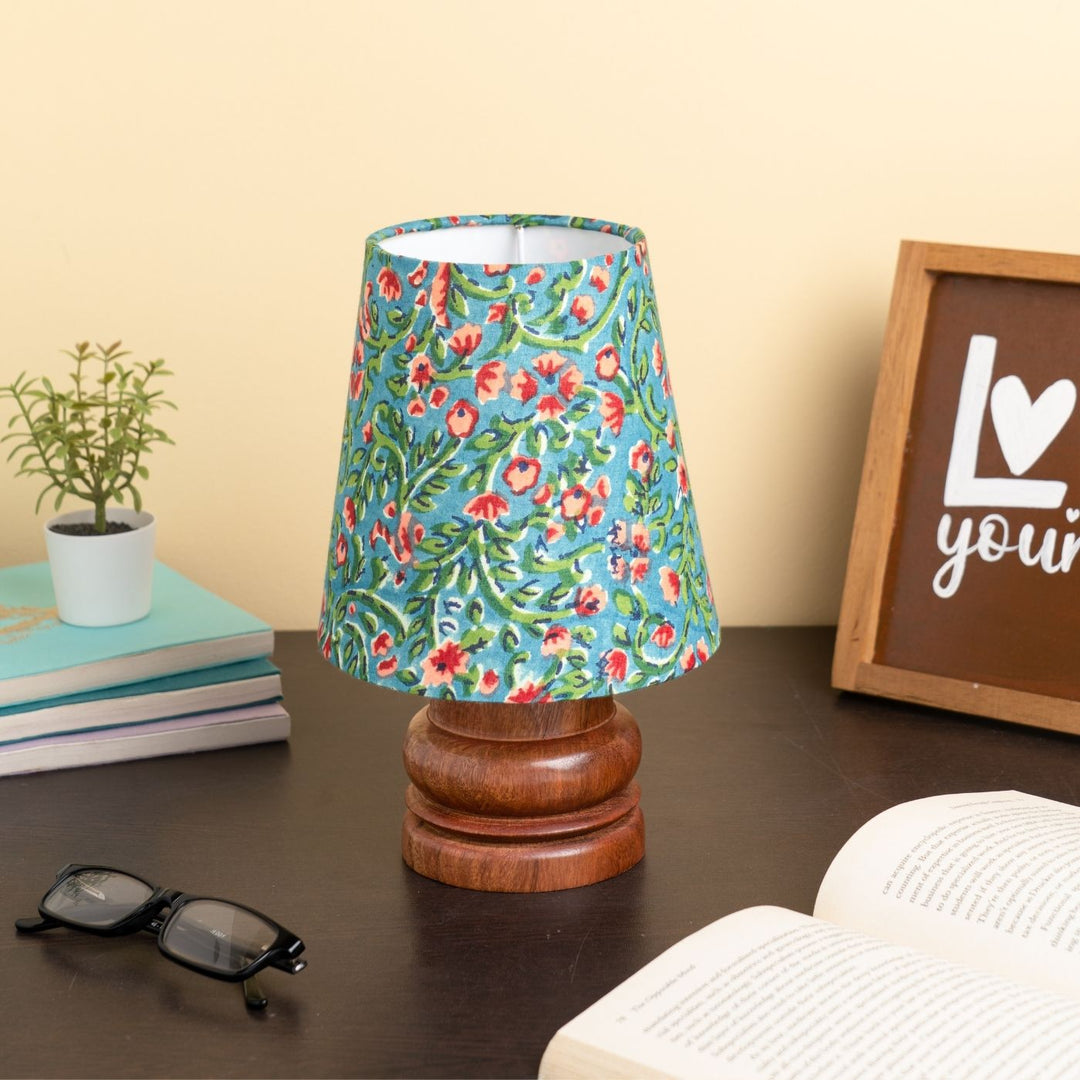 Wooden Mini Table Lamp With Printed Fabric Shade