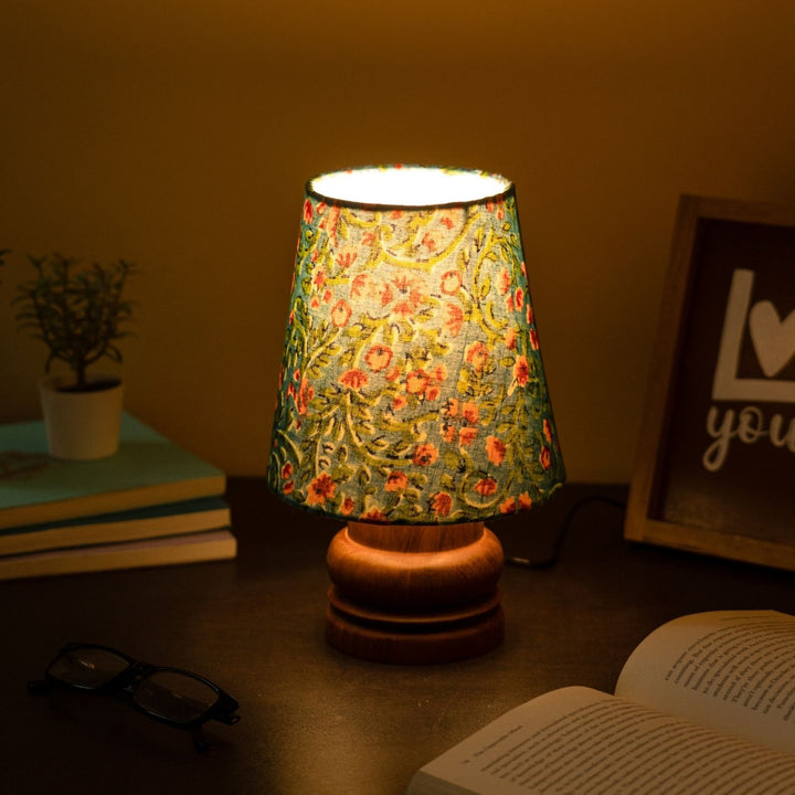 Wooden Mini Table Lamp With Printed Fabric Shade