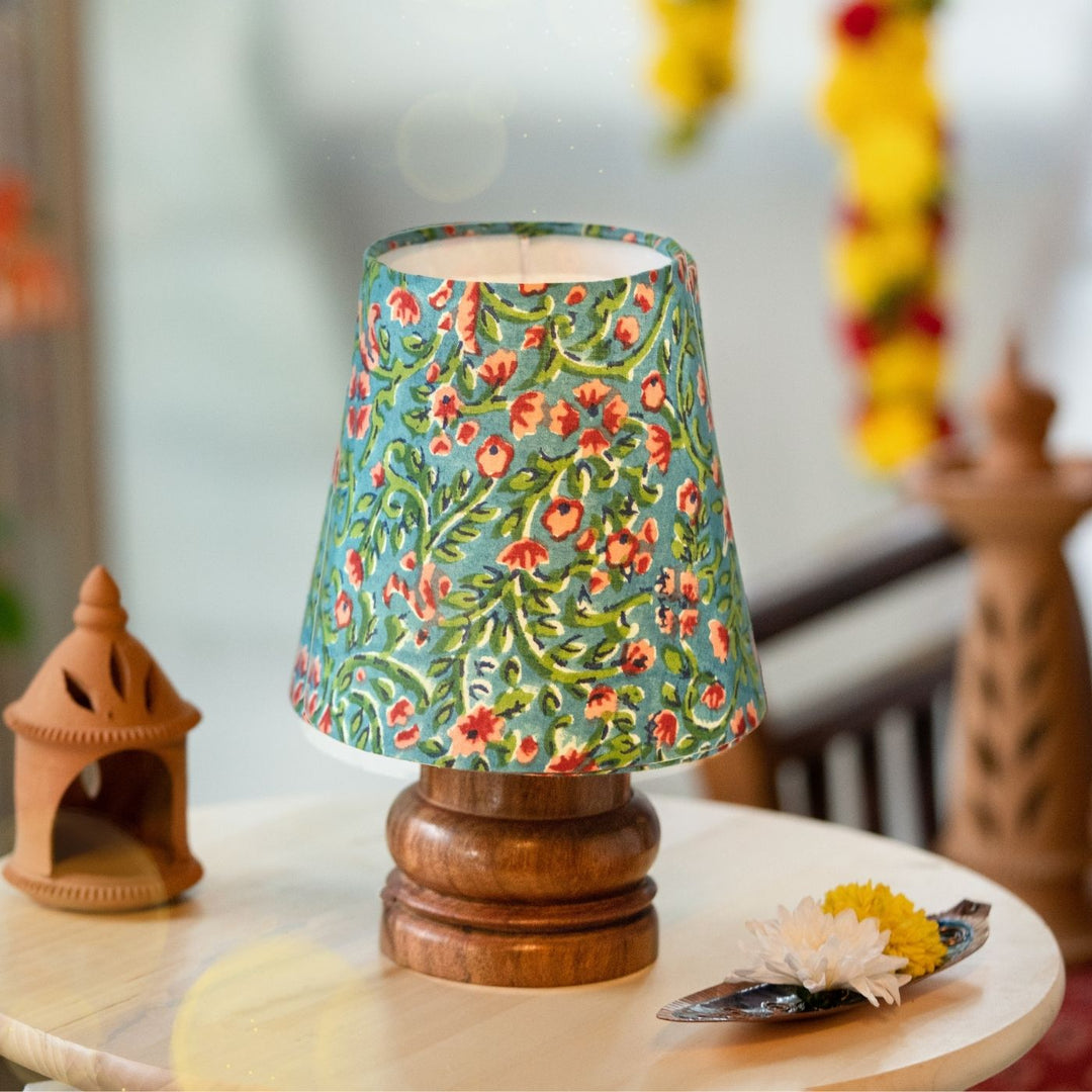 Wooden Mini Table Lamp With Printed Fabric Shade