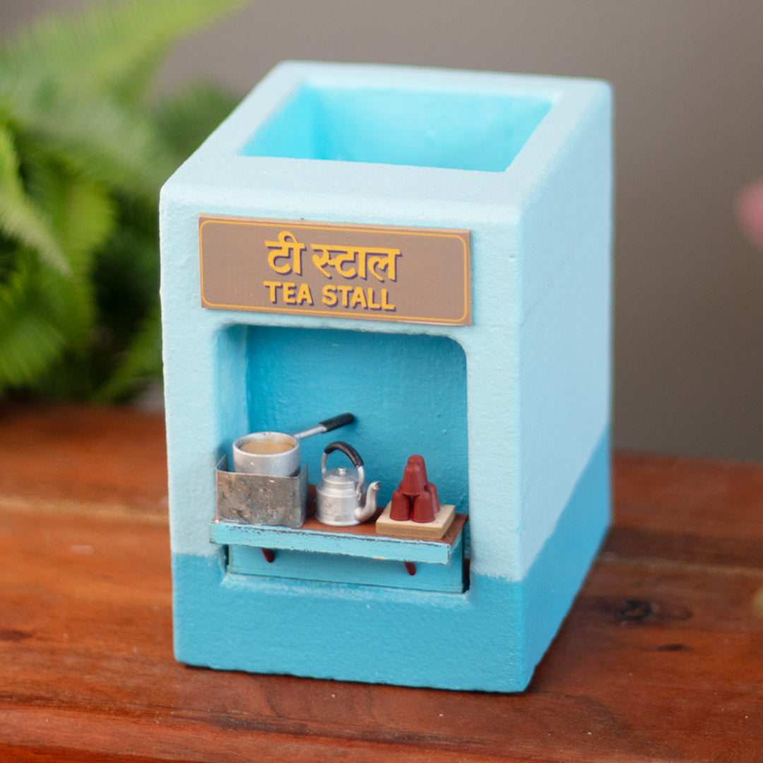 Personalized Handmade Mini Tea Stall Chai Tapri Hand-Painted Concrete Pen Stand