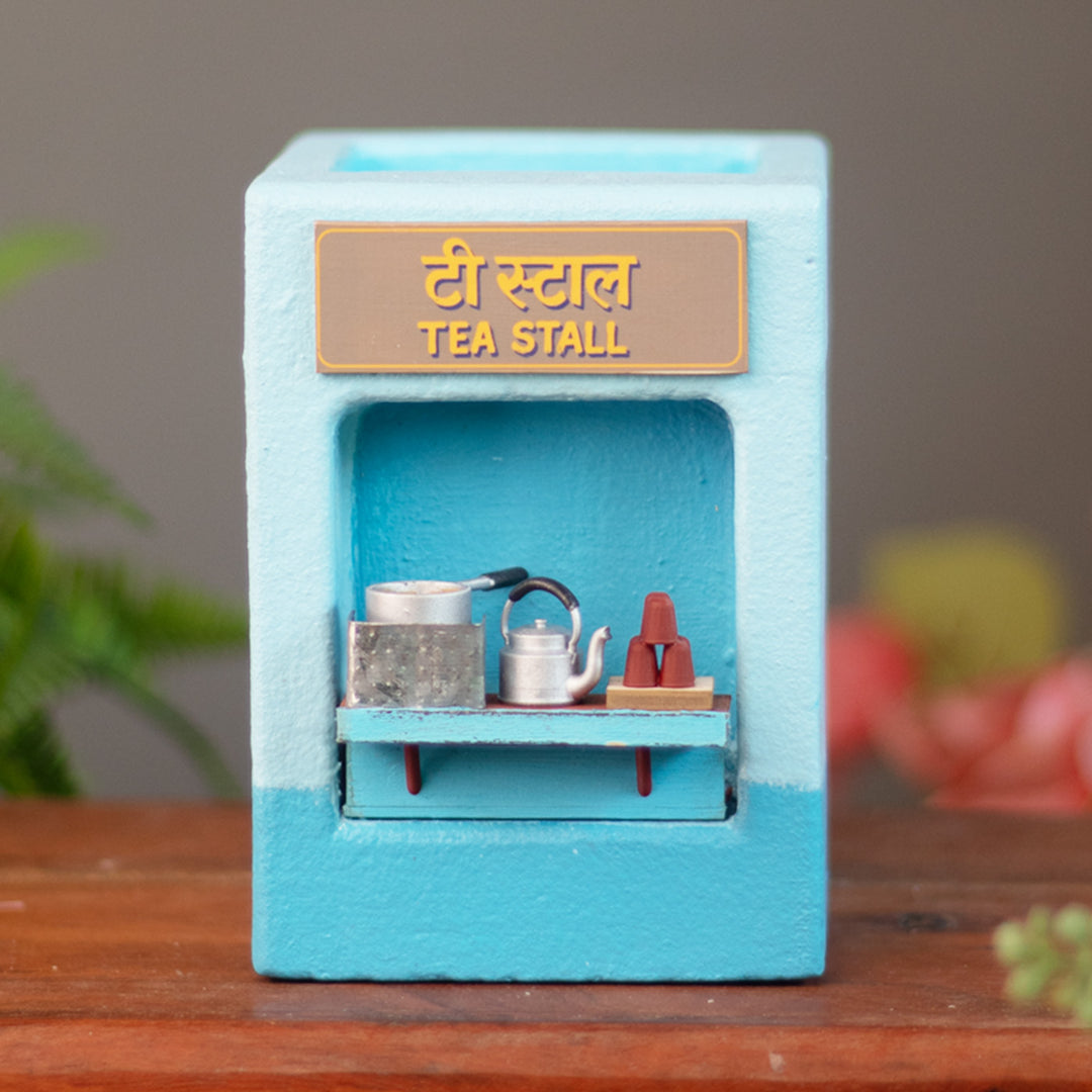 Personalized Handmade Mini Tea Stall Chai Tapri Hand-Painted Concrete Pen Stand