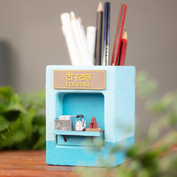 Personalized Handmade Mini Tea Stall Chai Tapri Hand-Painted Concrete Pen Stand