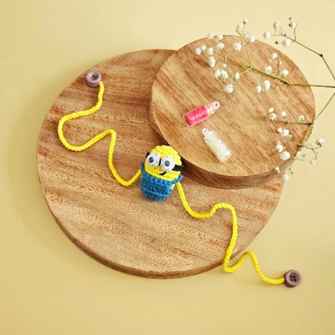 Handmade Crochet Mischievous Minions Rakhi For Boys With Roli Chawal