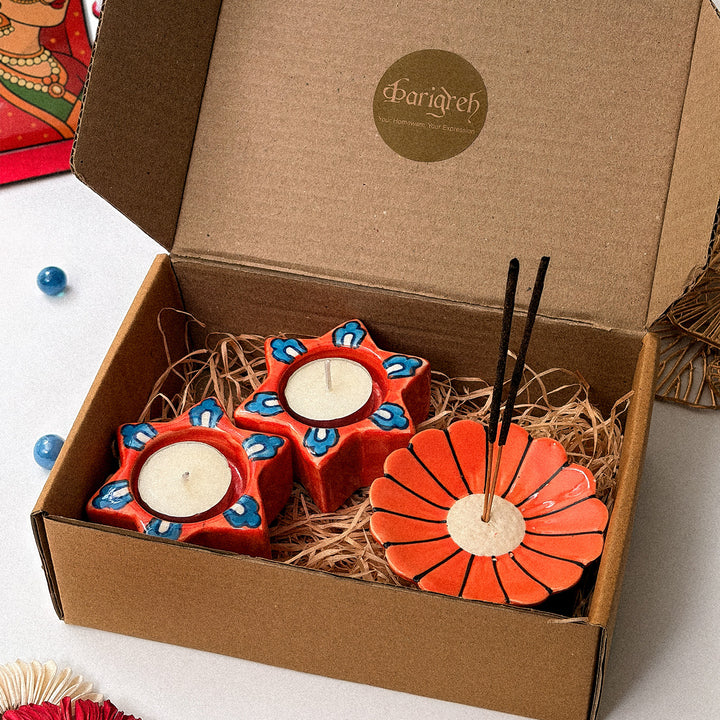 Handcrafted Ceramic Mitti & Phool Diwali Gift Hamper With Agarbatti Stand And 2 Star Tealight Holders