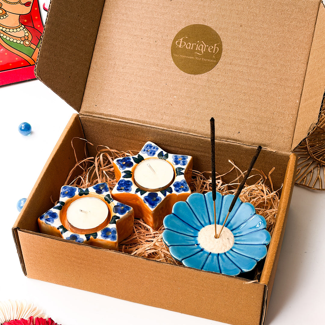 Handcrafted Ceramic Mitti & Phool Diwali Gift Hamper With Agarbatti Stand And 2 Star Tealight Holders