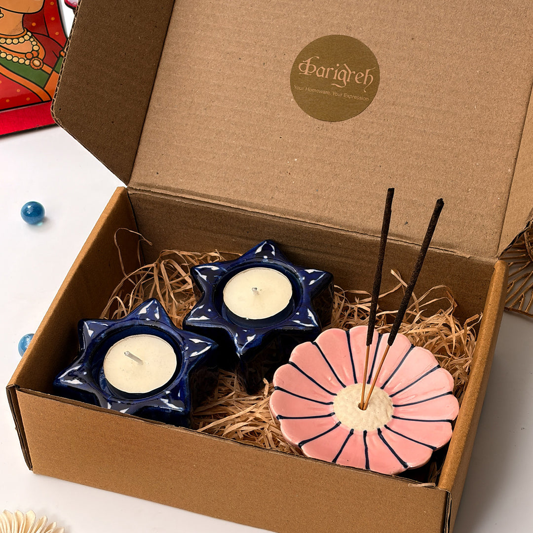 Handcrafted Ceramic Mitti & Phool Diwali Gift Hamper With Agarbatti Stand And 2 Star Tealight Holders