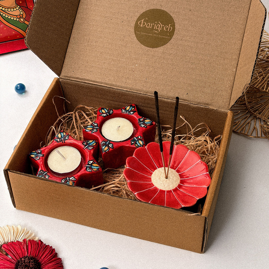 Handcrafted Ceramic Mitti & Phool Diwali Gift Hamper With Agarbatti Stand And 2 Star Tealight Holders