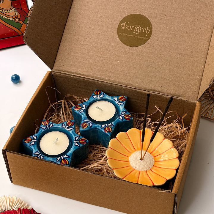 Handcrafted Ceramic Mitti & Phool Diwali Gift Hamper With Agarbatti Stand And 2 Star Tealight Holders
