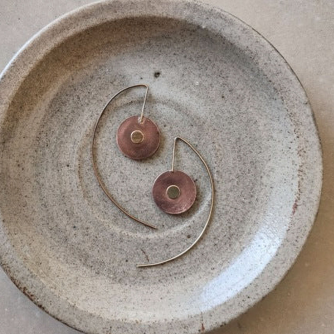 Handmade Mixed Metal Large Button Hoops Copper Earrings