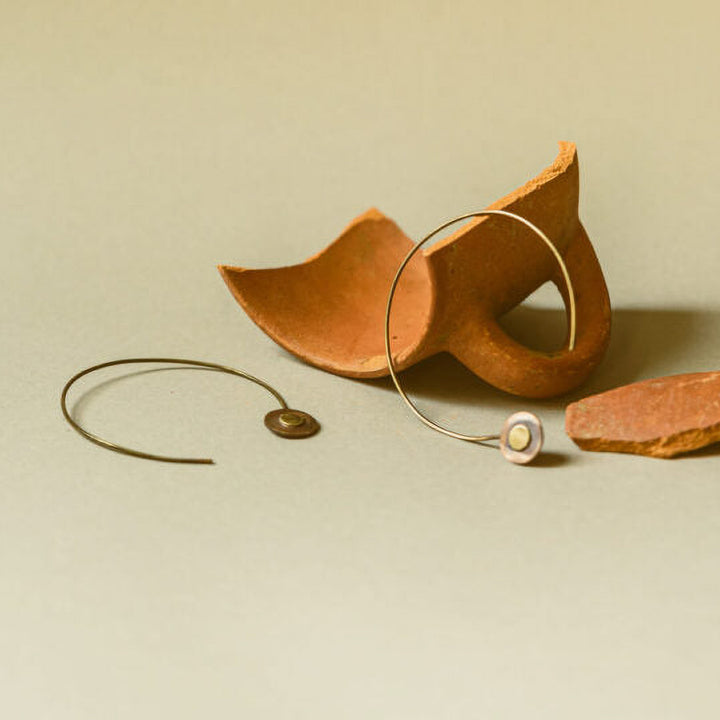 Handmade Mixed Metal Button Hoops Brass Earrings