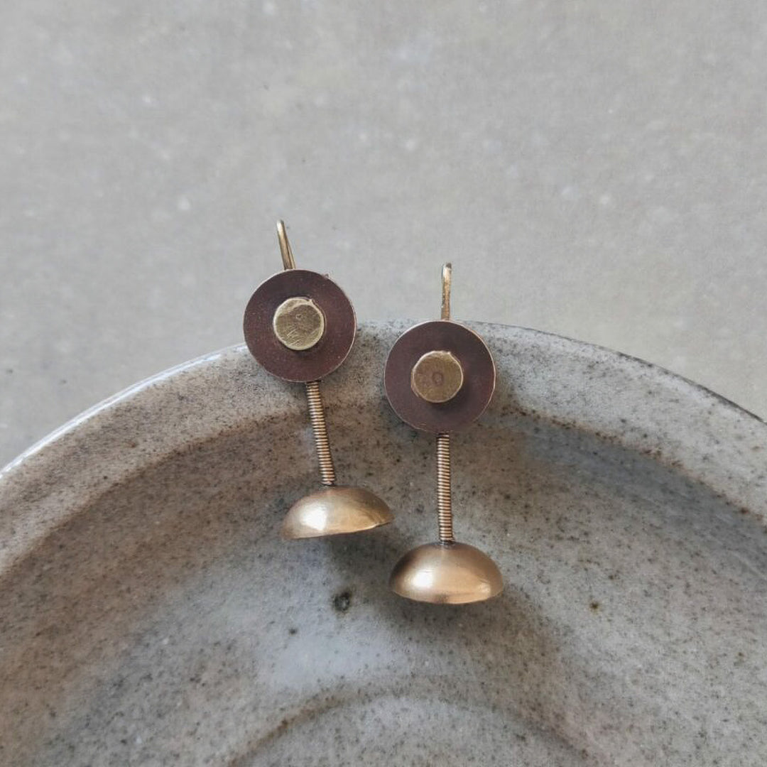 Handmade Mixed Metal Button With Dome Hooks Brass Earrings