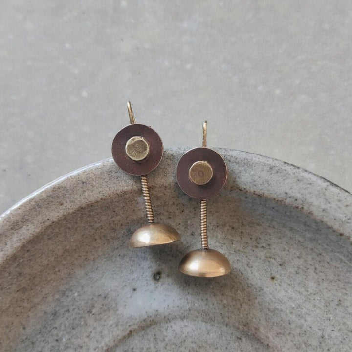 Handmade Mixed Metal Button With Dome Hooks Brass Earrings