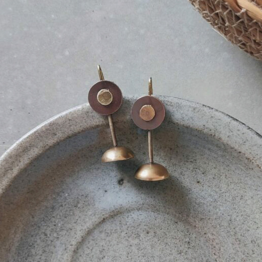 Handmade Mixed Metal Button With Dome Hooks Brass Earrings