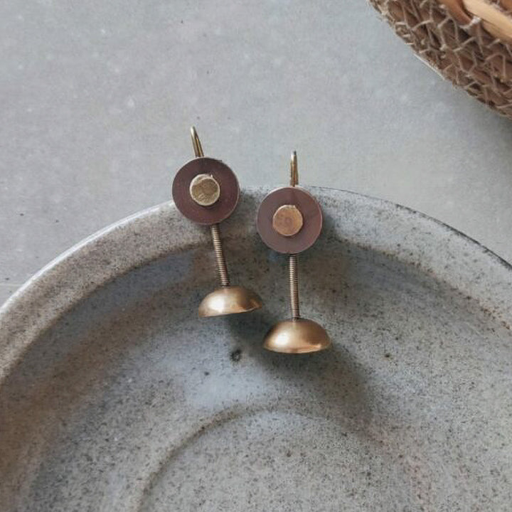 Handmade Mixed Metal Button With Dome Hooks Brass Earrings