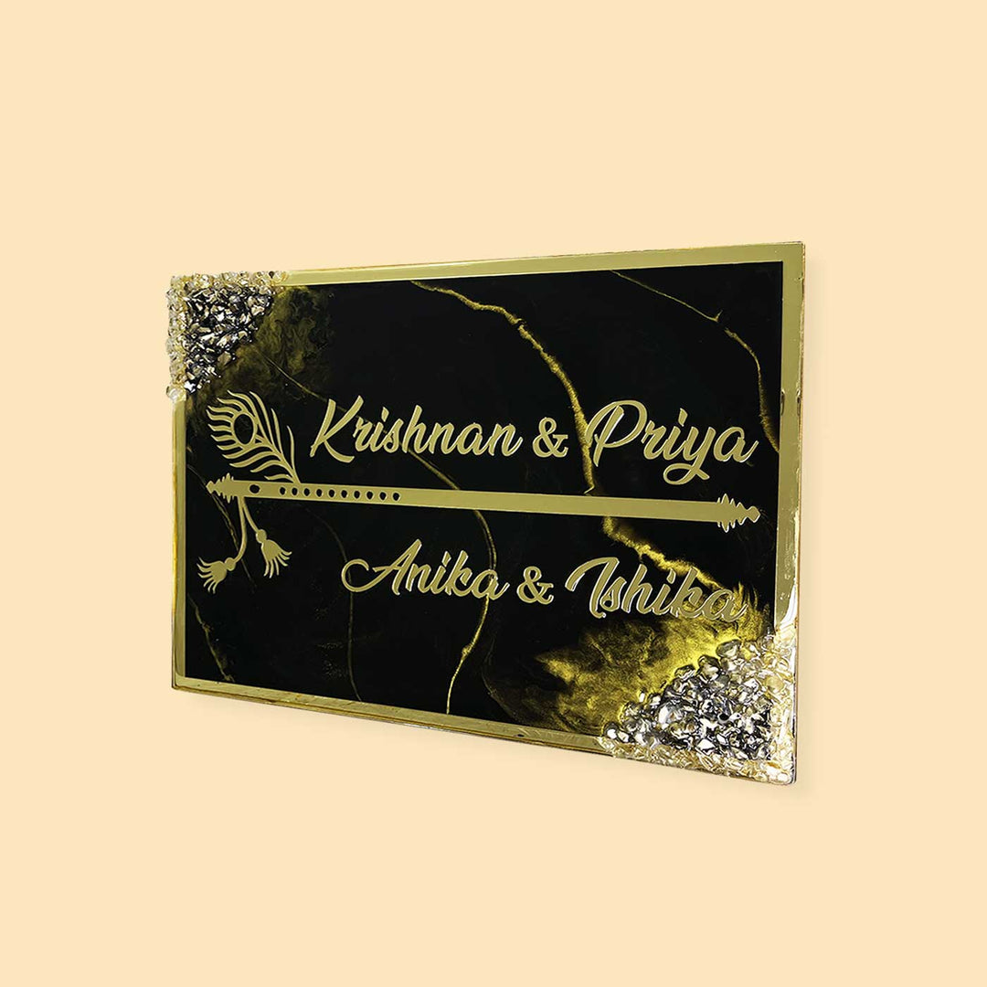 Handcrafted Resin Krishna Bansuri Theme Nameplate - Angled View Showing Surface Texture