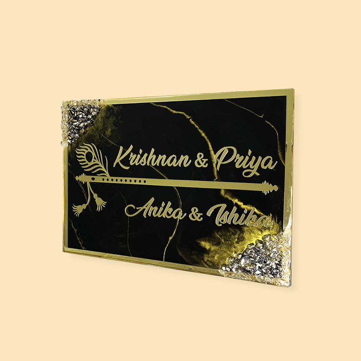 Handcrafted Resin Krishna Bansuri Theme Nameplate - Angled View Showing Surface Texture