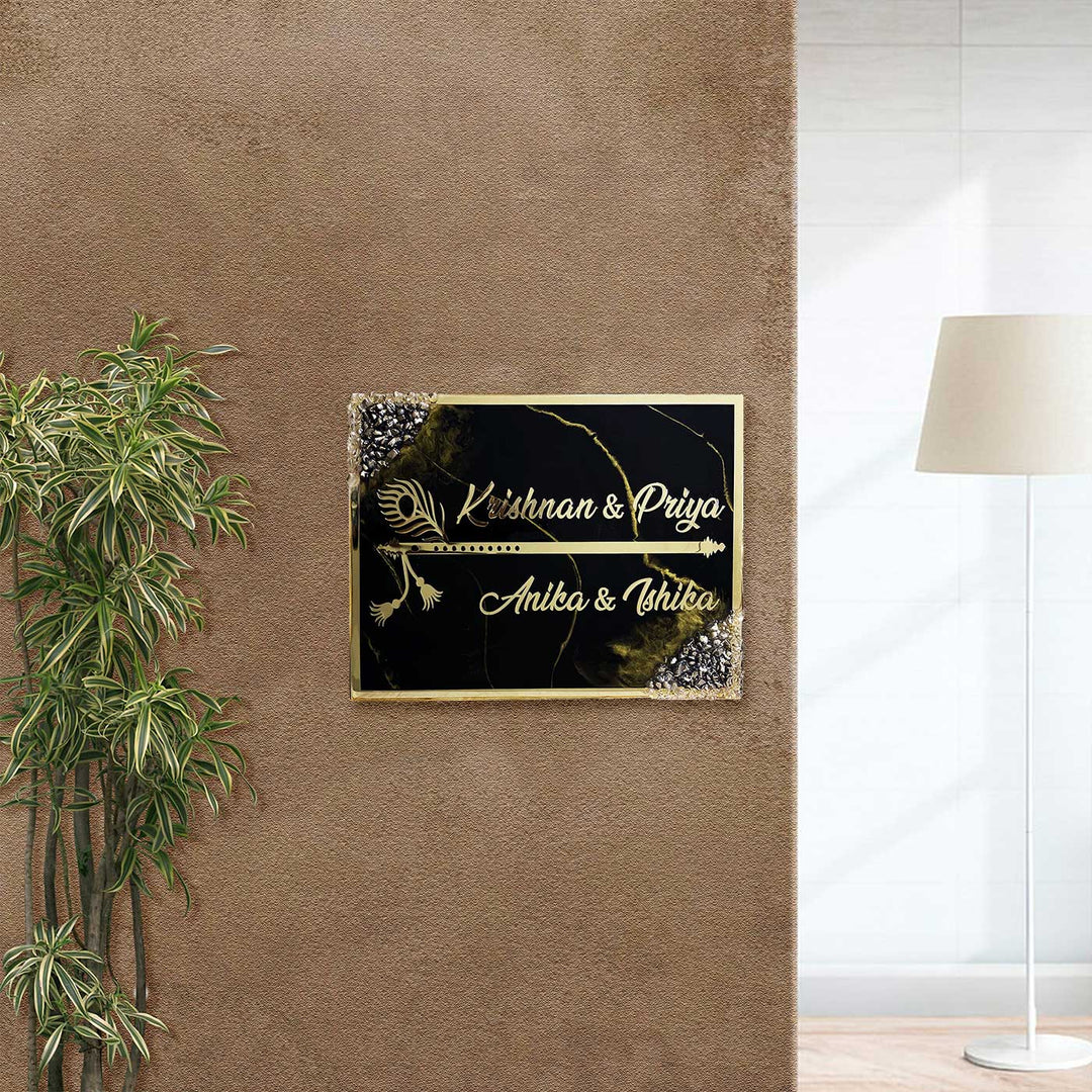 Handcrafted Resin Krishna Bansuri Theme Nameplate - Mounted on Beige Wall Interior