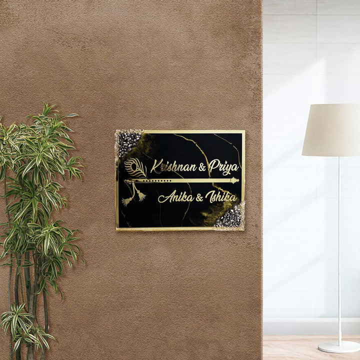 Handcrafted Resin Krishna Bansuri Theme Nameplate - Mounted on Beige Wall Interior