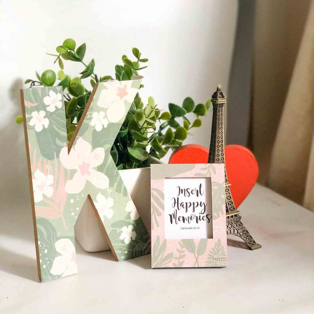Printed Monogram Desk Initial With Polaroid Photo Frame - Decorative Item Display with Plant