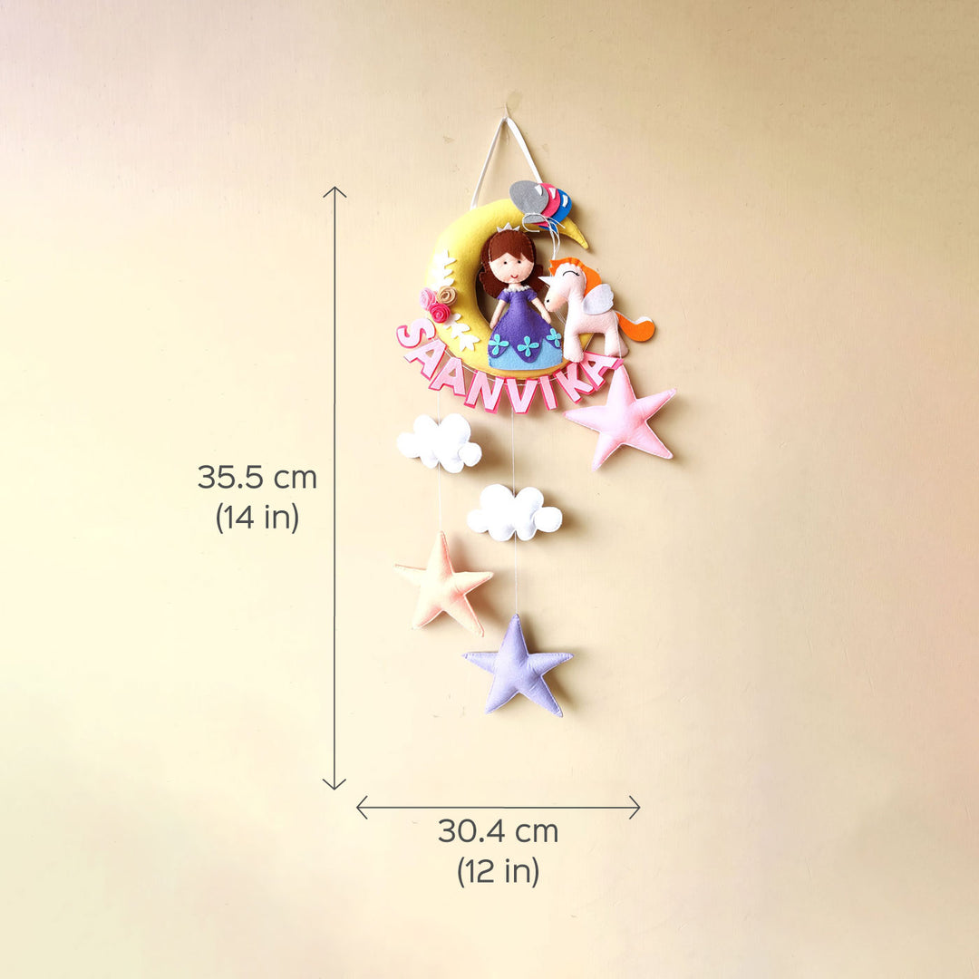 Handmade Unicorn On The Moon Kids Felt Name Hanging With Birthdate - Dimension Chart with Hanging Display