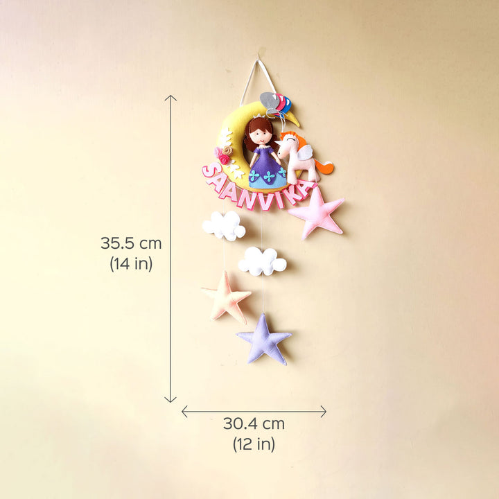 Handmade Unicorn On The Moon Kids Felt Name Hanging With Birthdate - Dimension Chart with Hanging Display