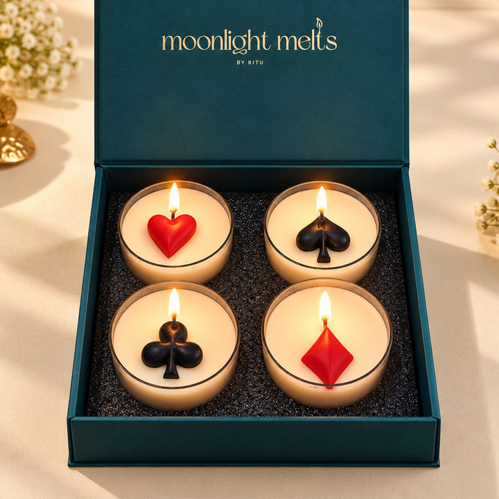 Set Of 4 | Handcrafted Card Suite Spade, Heart, Club & Diamond Clear Cup Morning Rose Scented Soy Wax Tealight Candles