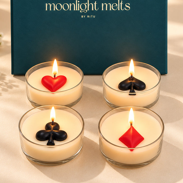 Set Of 4 | Handcrafted Card Suite Spade, Heart, Club & Diamond Clear Cup Morning Rose Scented Soy Wax Tealight Candles