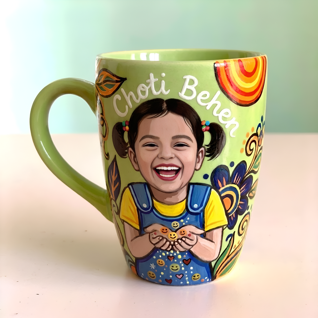 Choti Behen | Photo Personalized Hand-Painted Pop Art Illustrated Caricature Mug | 300 ML