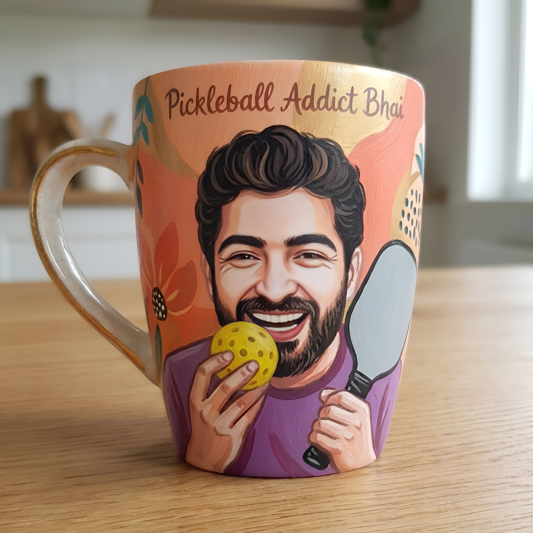 Pickleball Addict | Photo Personalized Hand-Painted Pop Art Illustrated Caricature Mug | 300 ML