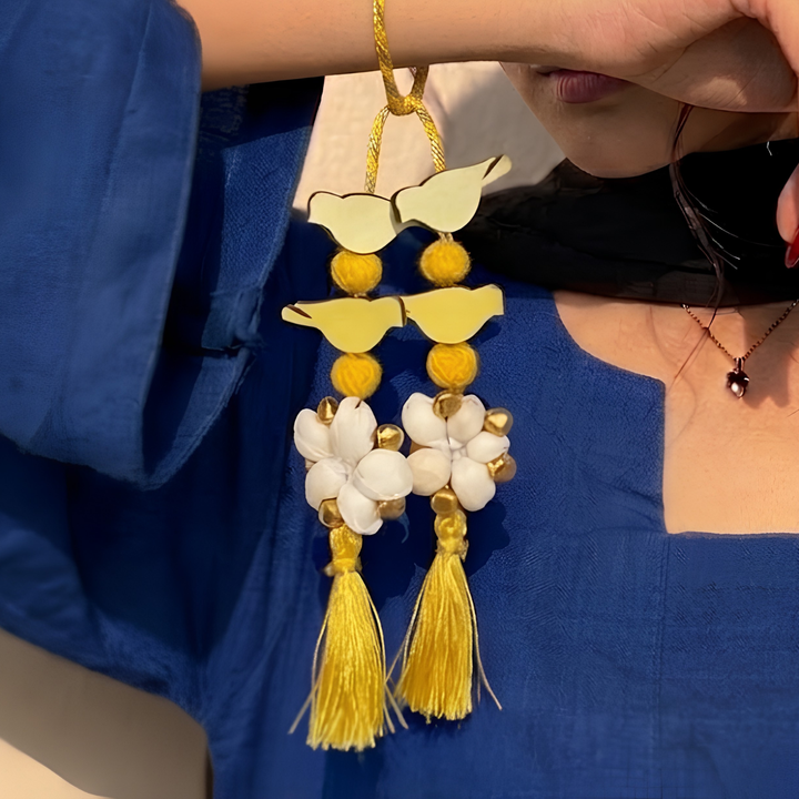 Handcrafted Bird Motif Shola Beaded Tassel Lumba Rakhi for Bhabhi - Yellow
