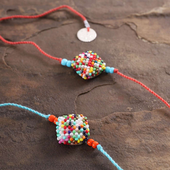 Handmade Beaded Square Rakhi With Roli Chawal | Set of 2