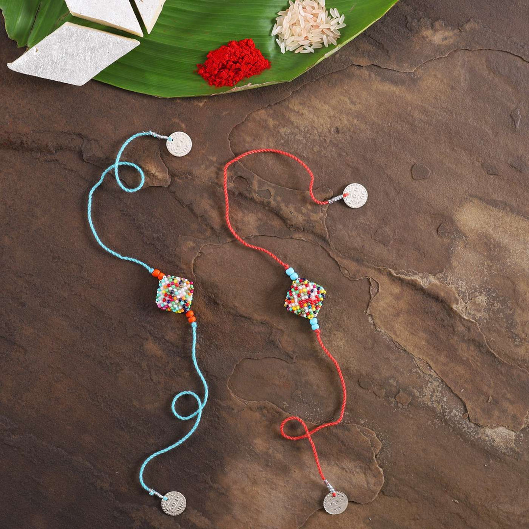 Buy Handmade Beaded Square Rakhi With Roli Chawal Set of