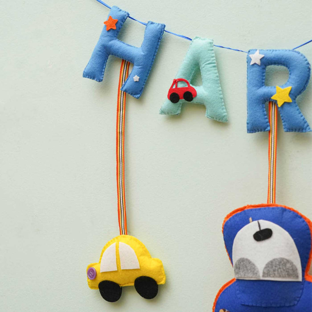 Personalized Handmade Cars Theme Felt Name Plate - Hanging Name Garland with Toys