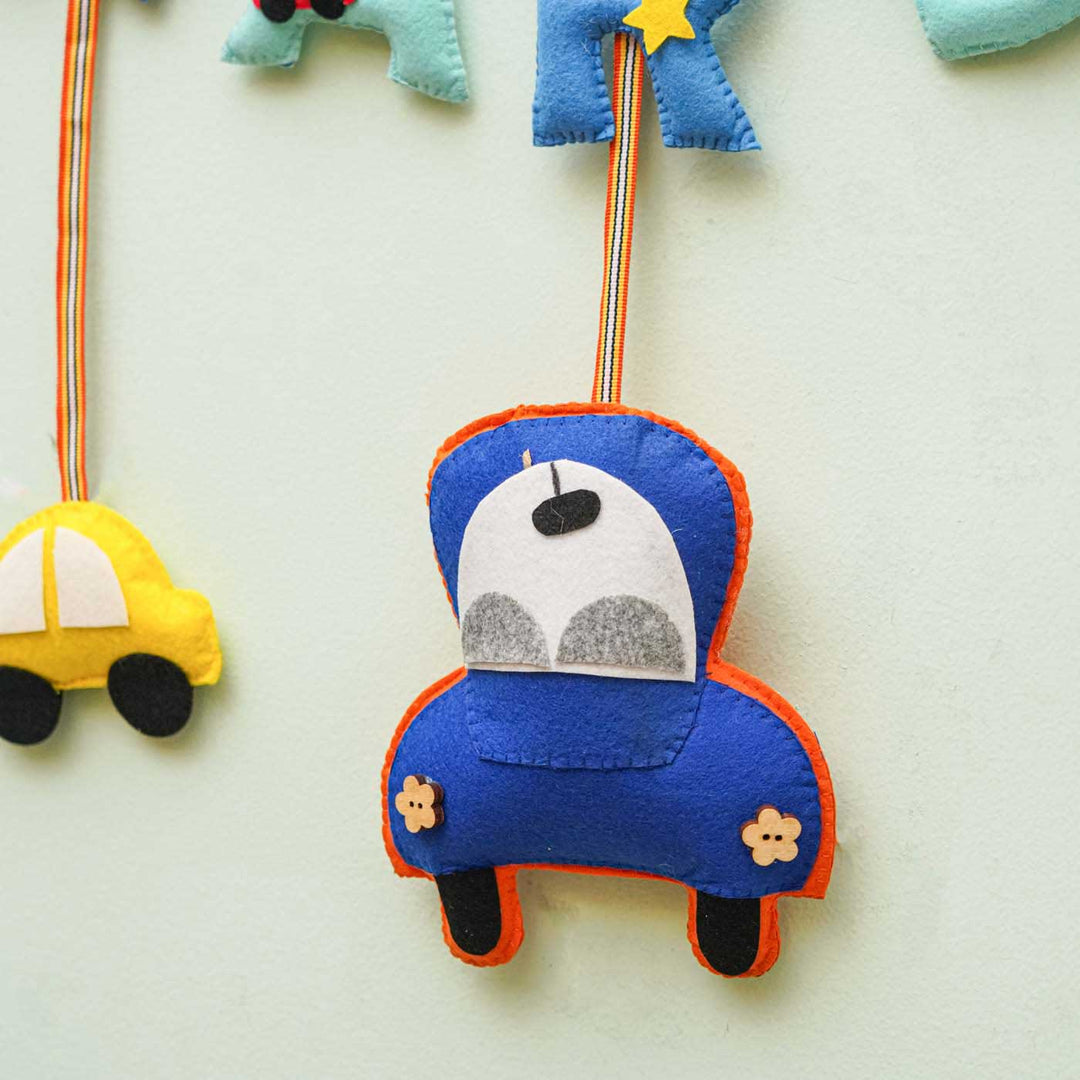 Personalized Handmade Cars Theme Felt Name Plate - Hanging Front View Close-up