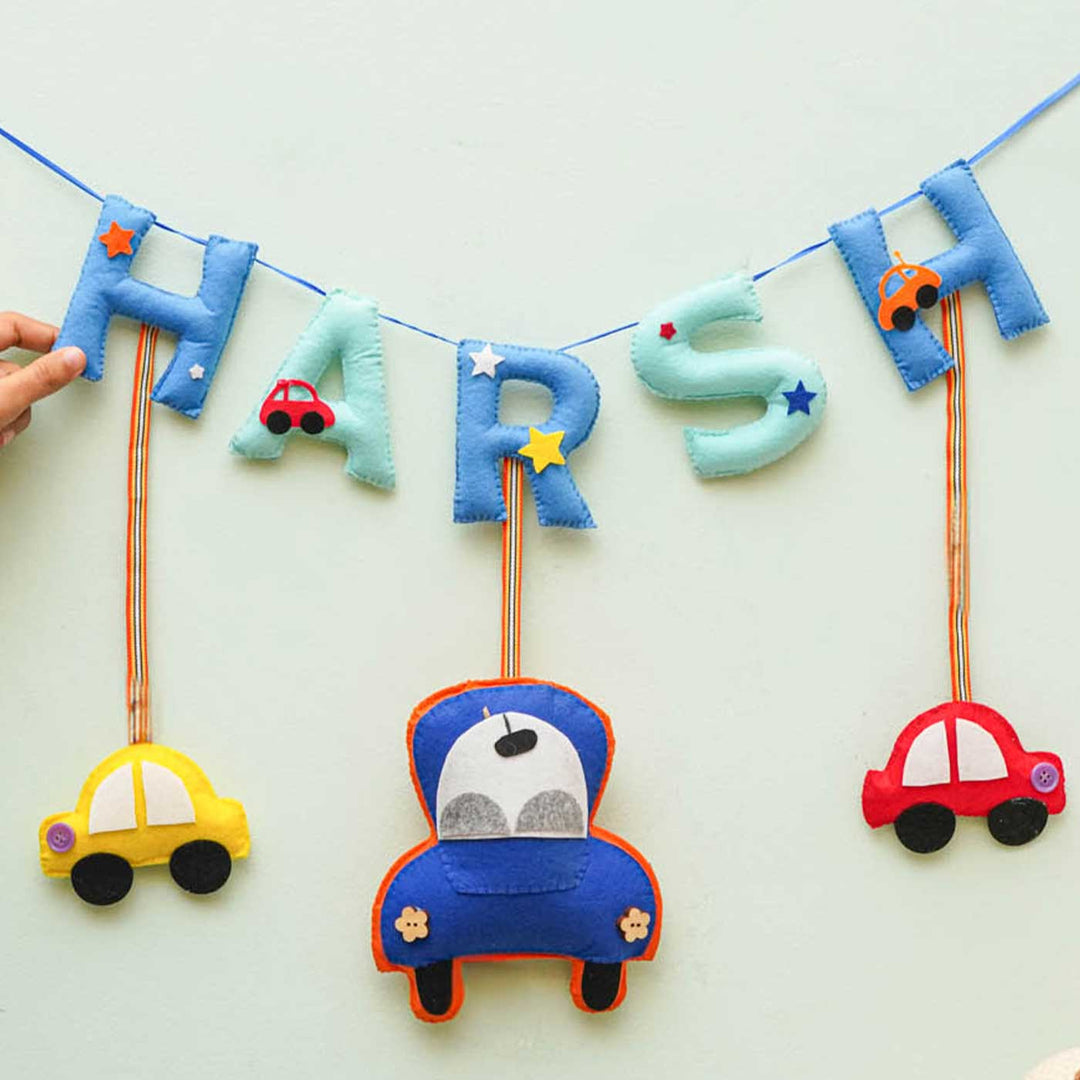 Personalized Handmade Cars Theme Felt Name Plate - Hanging Decorative Letters and Cars