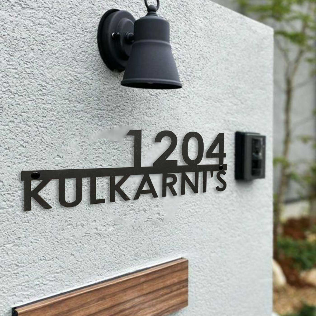Personalized Modern Weatherproof Name Plate With House Number - Mounted on Wall near Light Fixture