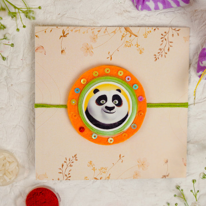 Handmade Kung Fu Panda Kids Rakhi With Roli Chawal - Front View on Packaging (7)