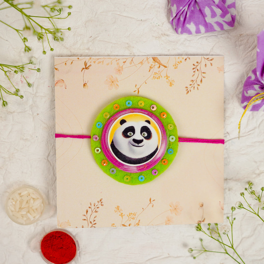 Handmade Kung Fu Panda Kids Rakhi With Roli Chawal - Front View on Packaging (4)