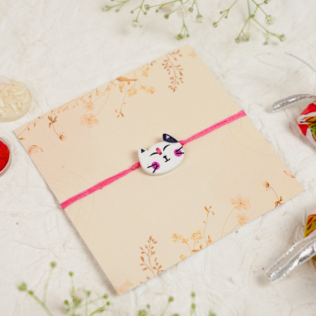 Handmade White Cat Kids Rakhi With Roli Chawal - Single Rakhi on Display Card